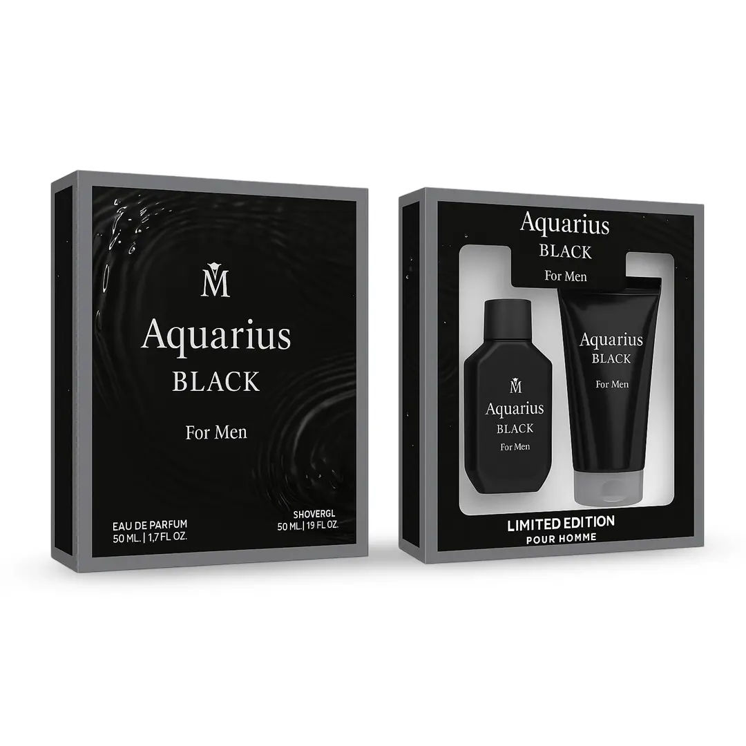 Set cadou barbati Aquarius Black 2 x 50ml apa de parfum si gel de dus miros fresh lemnos Magrot 25051